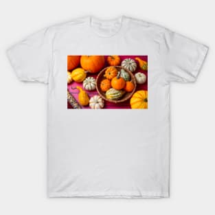 Autumn Pumpkins On Red Boards Still life T-Shirt